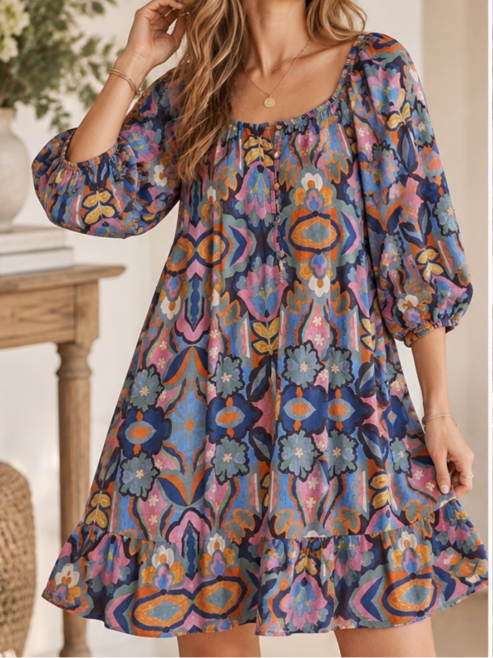 Marine Layer Fall 2023 Folk Floral Boho Puff Sleeve Ruffle Dress Size L